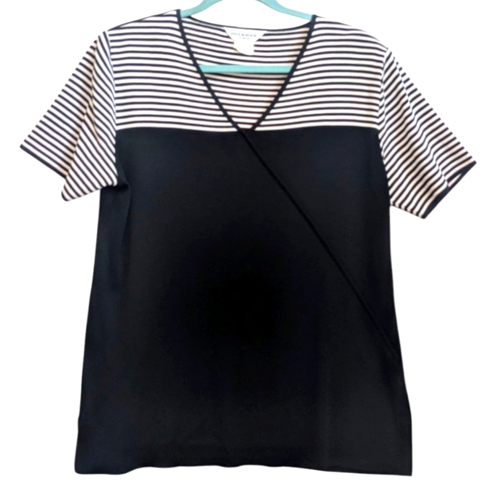 Exclusively Misook Petite Top Black Striped Shirt Sleeve V Neck Size Large